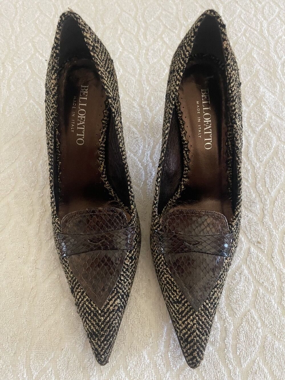 BELLOFATTO Sz 6.5 Italian Herringbone & Snakeskin Stilettos Women's Brown Shoes